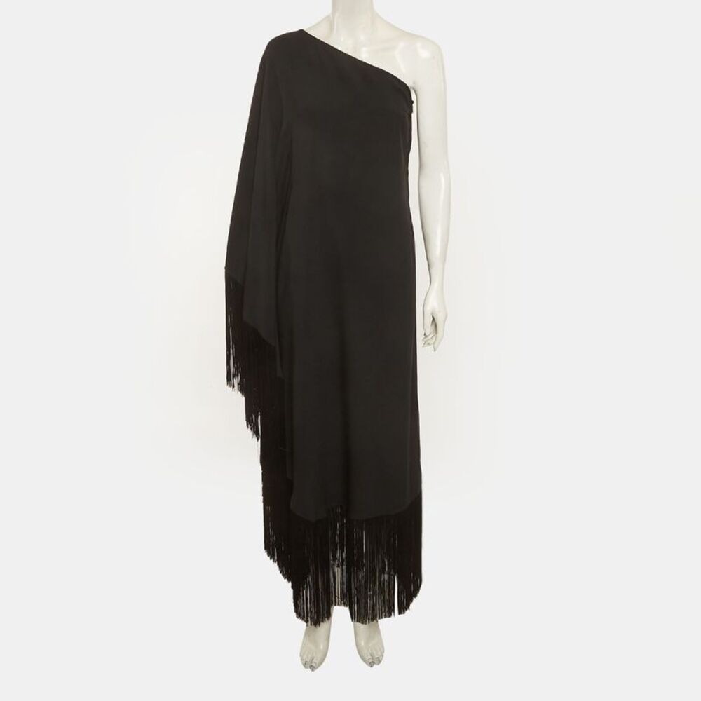 Taller Marmo Black Crepe Fringed One Shoulder Midi Dress M - Picture 2 of 5